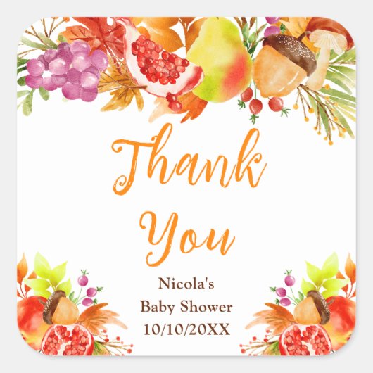 Herbst-Babyshower-Dankeschön Quadratischer Aufkleber (Vorderseite)