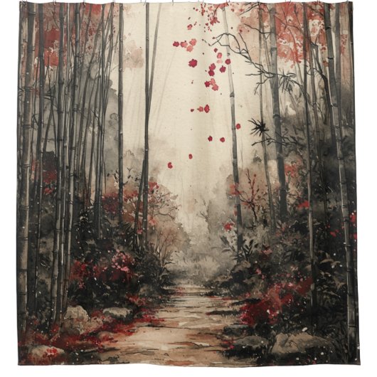 Herbst-Bambuspfad-Tuschewaschung Duschvorhang (Vorderseite)