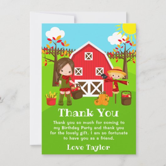 Herbst Barnyard Birthday Braun Haare Girl Dankeskarte (Vorderseite)