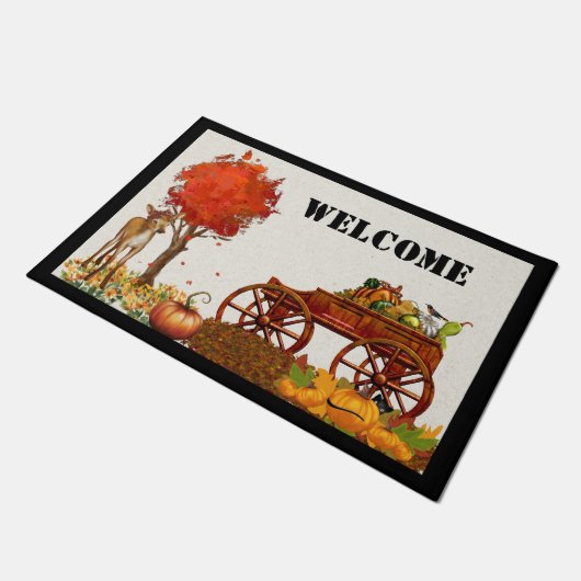 Herbst Begrüßungstürme mit Holzwagen und Hirsch Fußmatte (Schrägansicht)