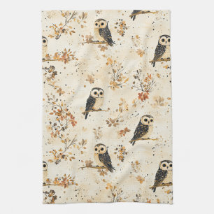 Herbst-Beige-Eule-Botanik-Waldmuster Geschirrtuch
