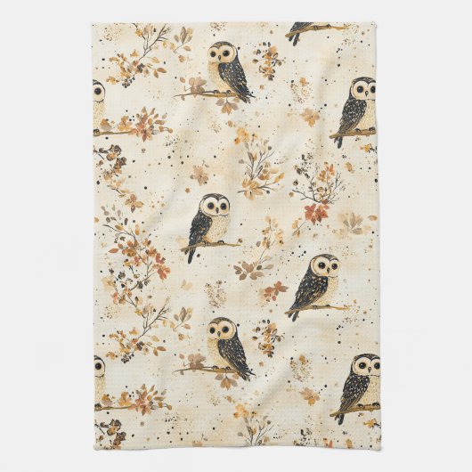 Herbst-Beige-Eule-Botanik-Waldmuster Geschirrtuch (Vertikal)