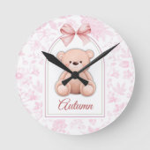 Herbst | Benutzerdefiniertes rosa Teddy-Bär-Kinder Runde Wanduhr (Vorderseite)