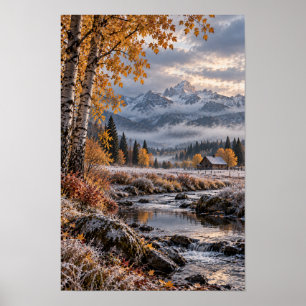 Herbst-Birch-Creek-Berghütten-Wandkunst Poster