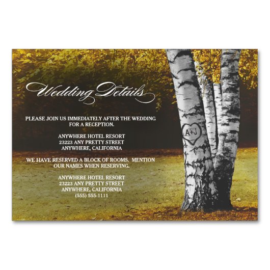 Herbst Birch Tree Hochzeitsempfang + Hotelkarten Tischnummer (Vorderseite)