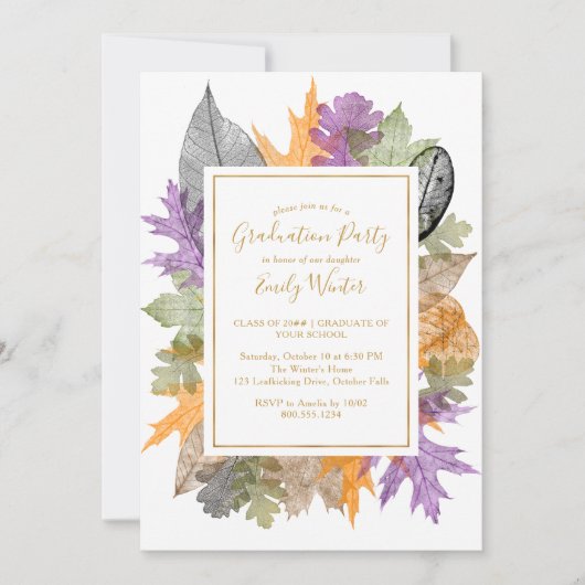 Herbst-Blätter führen Gold-Script-Abschluss Einladung (Vorderseite)