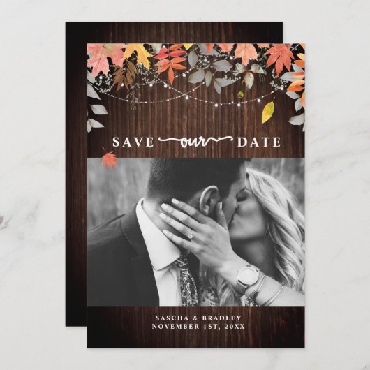Herbst-Blätter Herbst Hochzeitsholz Foto Save The Date (Vorne/Hinten)