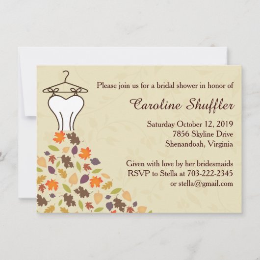 Herbst-Blätter Hochzeitskleid Brautparty Einladung (Vorderseite)