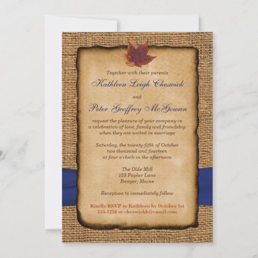 Herbst-Blätter, IMITAT Leinwand FOTO Hochzeit lädt Einladung (Rückseite)