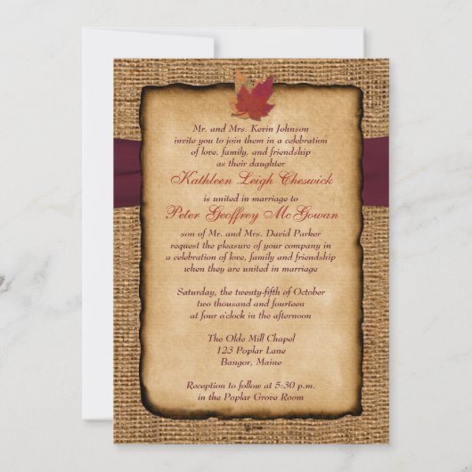 Herbst-Blätter, IMITAT Leinwand-Hochzeit lädt 2 - Einladung (Rückseite)