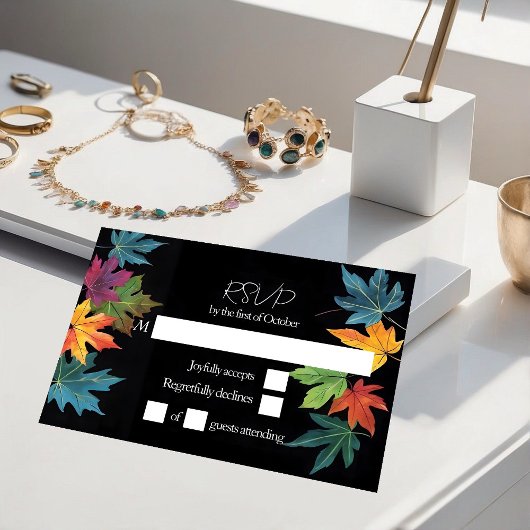 Herbst Blätter Kontrast schwarze Hochzeit RSVP Karte