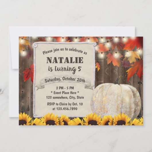 Herbst Blätter Sonnenblumen Pumpkin 5. Geburtstag Einladung (Vorderseite)