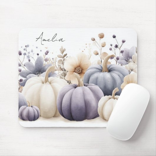 Herbst Blau und Beige Kürbisse und Blumen Mousepad (Mit Mouse)