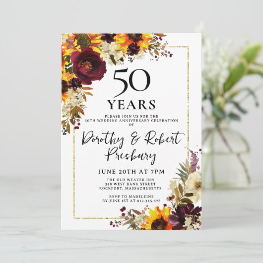 Herbst-Blume 50. Hochzeitstag Party Einladung (Stehend Vorderseite)