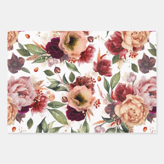 Herbst-Blume Burgund Roter Orange Botanische Flora Geschenkpapier Set (Vorderseite)