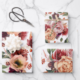 Herbst-Blume Burgund Roter Orange Botanische Flora Geschenkpapier Set