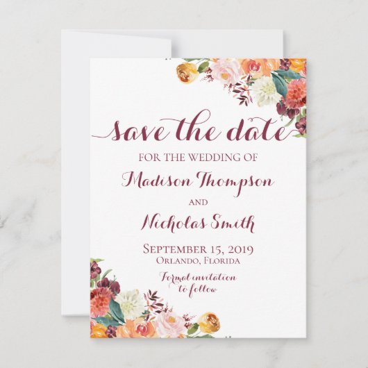 Herbst-Blume Hochzeit Speichern Sie die Datumskart Save The Date (Vorderseite)