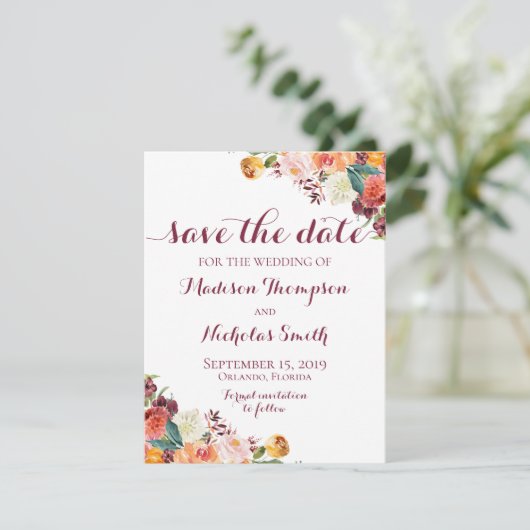 Herbst-Blume Hochzeit Speichern Sie die Datumskart Save The Date (Stehend Vorderseite)