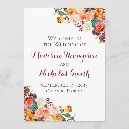 Herbst-Blume-Hochzeitskarten, Orange Burgund Programm (Vorderseite)