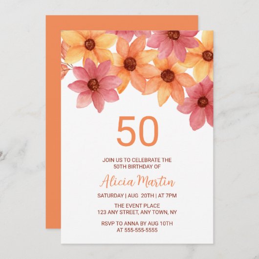 Herbst-Blume jedes Alters Orange Burgund Geburtsta Einladung (Vorne/Hinten)