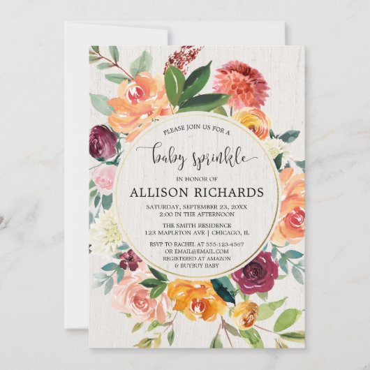 Herbst Blumen Geschlecht-neutrale Bordeaux-Babyspr Einladung (Vorderseite)