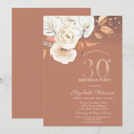 Herbst Blumen Lichter Glitter 30. Geburtstag Einladung (Vorne/Hinten)