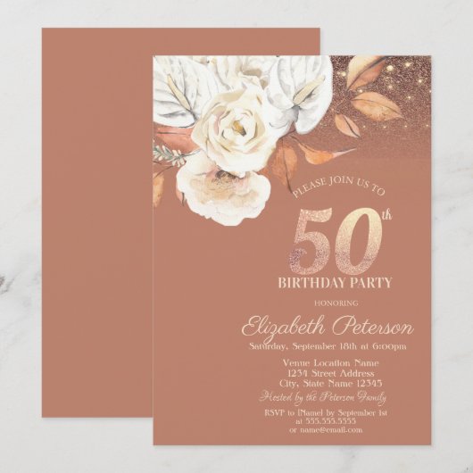 Herbst Blumen Lichter Glitter 50. Geburtstag Einladung (Vorne/Hinten)
