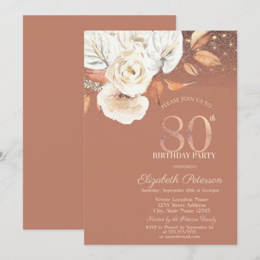 Herbst Blumen Lichter Glitter 80. Geburtstag Einladung (Vorne/Hinten)