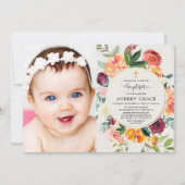 Herbst blumenburgund rot rustikale Taufe Foto Einladung (Vorderseite)