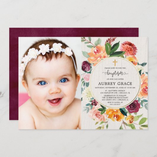 Herbst blumenburgund rot rustikale Taufe Foto Einladung (Vorne/Hinten)