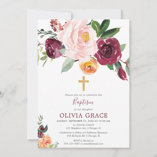 Herbst Blütenrot Rosa Bordeaux Taufe Einladung (Vorderseite)