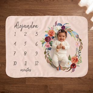 Herbst-Boho-Blüten-Monogramm-Baby-Meilenstein-Foto Sherpadecke