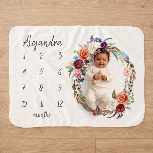 Herbst-Boho-Blüten-Monogramm-Baby-Meilenstein-Foto Sherpadecke