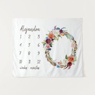 Herbst Boho Blüten Monogramm Baby Meilenstein Foto Wandteppich