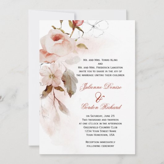 Herbst Boho Marsala Burgudy Blush Blumenhochzeit Einladung (Vorderseite)