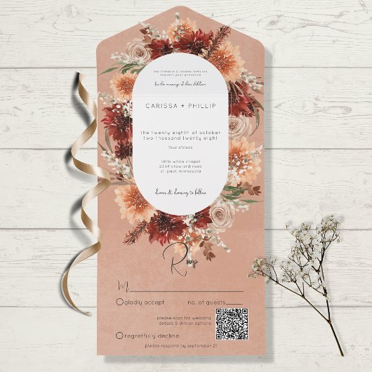 Herbst Boho Rust & Pfirsich Blumenoval QR-Code All In One Einladung