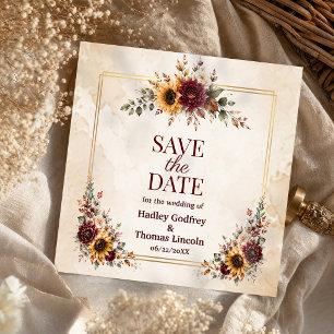 Herbst-Bordeaux-Sonnenblumen-Hochzeitsschild Save The Date