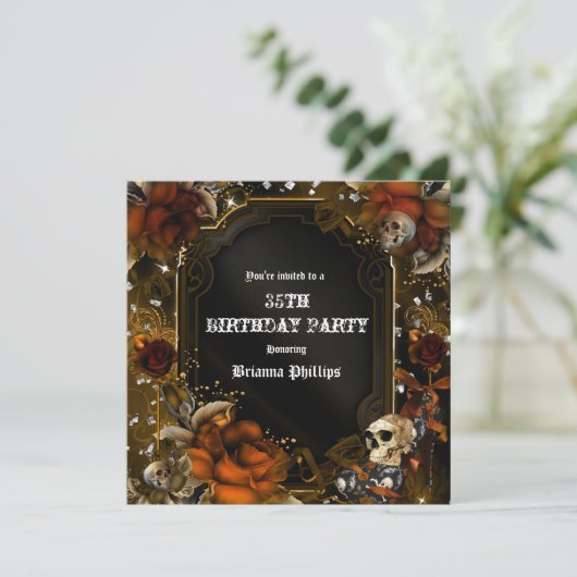 Herbst braune Rose Skulls Gotische Einladung (Stehend Vorderseite)