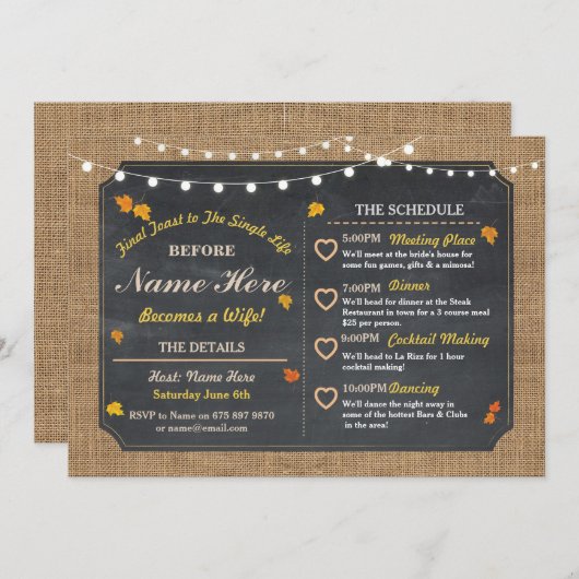 Herbst Brautparty Chalk Itinerary Bachelorette Programm (Vorne/Hinten)