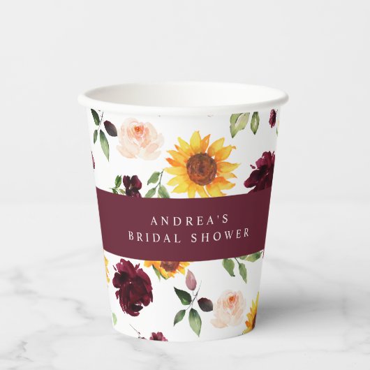 Herbst Brautparty Sonnenblumen und Rose Blumen Pappbecher (Vorderseite)