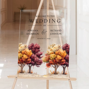 Herbst Burgund Bäume Hochzeit Willkommen Acrylschild