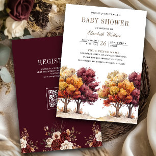 Herbst Burgund Bäume QR-Code Baby Shower Einladung