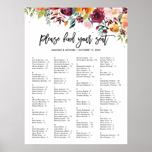 Herbst-Burgund-Blush-Alphabetisierungsdiagramm Poster (Vorne)