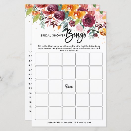 Herbst Burgund Blush Bloral Brautparty Bingo (Vorne/Hinten)