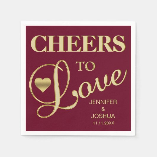 Herbst Burgund CHEERS zur LIEBE Gold Heart Wedding Serviette (Vorderseite)