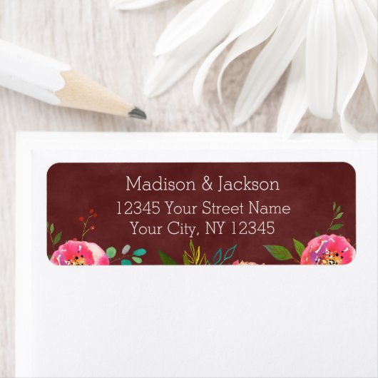 Herbst-Burgund-Floral-Hochzeit-Rücksendeadresse (Insitu)