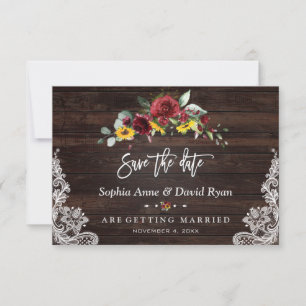 Herbst Burgund Floral Sonnenblumen Holz Spitze Hoc Save The Date