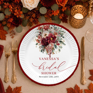 Herbst Burgund Gold Boho Blumige Hochzeitsdusche-P Pappteller