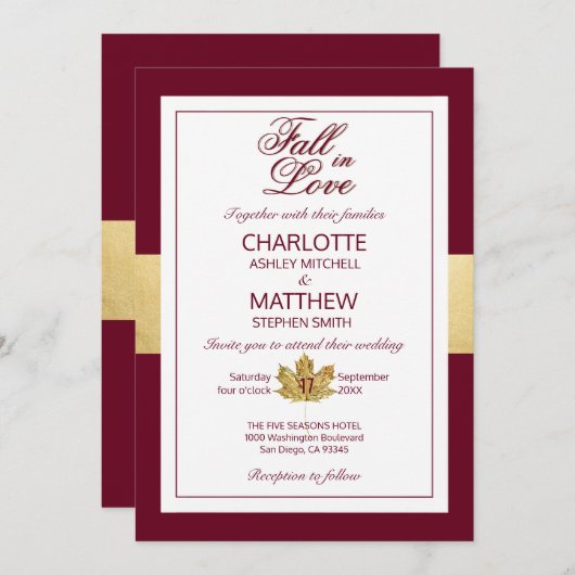 Herbst-Burgund-Gold-FALL in LIEBE-Hochzeit Einladung (Vorne/Hinten)