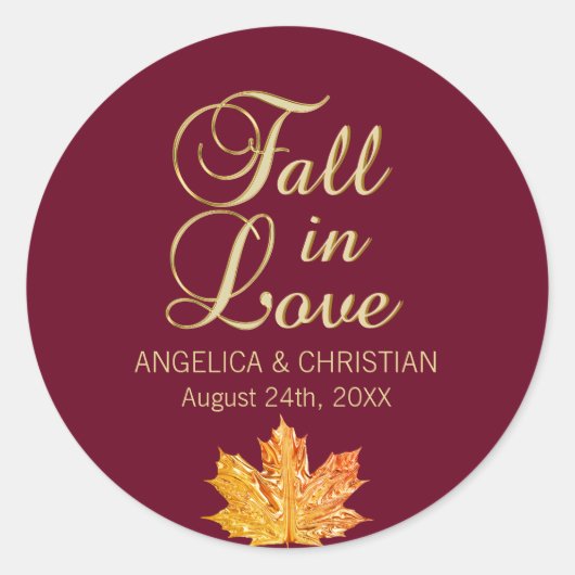 Herbst-Burgund-Gold-FALL in LIEBE Hochzeit Runder Aufkleber (Vorderseite)